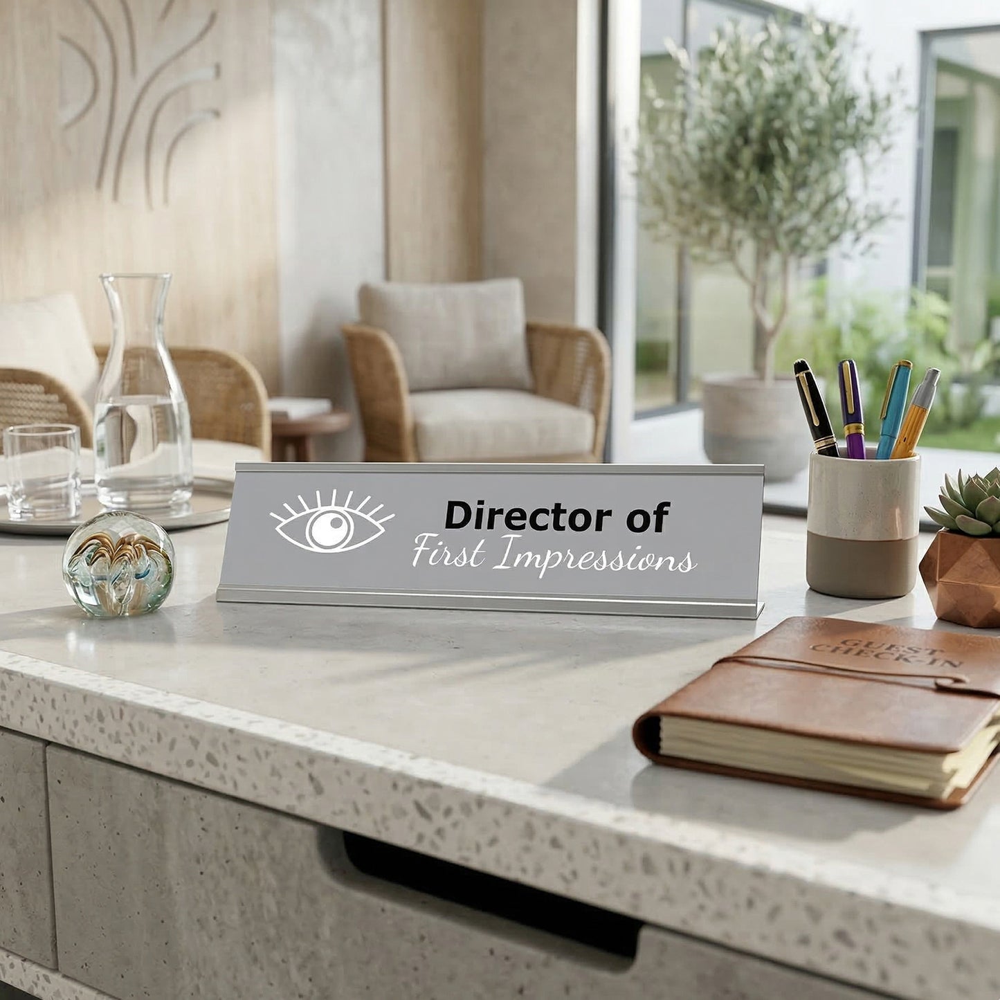 Director of First Impressions, Silver Frame Desk Sign (2x8)