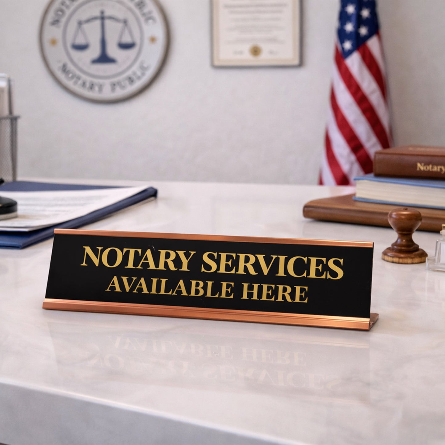 Signs ByLITA Notary Services Available Here Gold Frame Desk Sign (2x8")