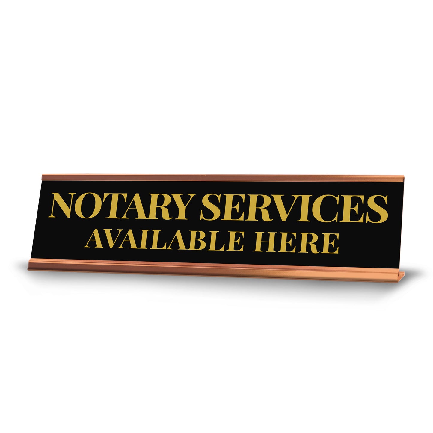 Signs ByLITA Notary Services Available Here Gold Frame Desk Sign (2x8")