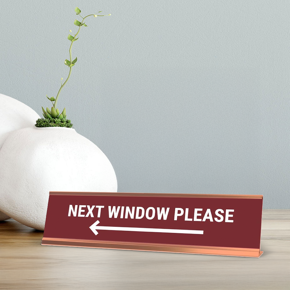 Next Window Please, Left Arrow Red Wine Gold Frame, Desk Sign (2x8”)