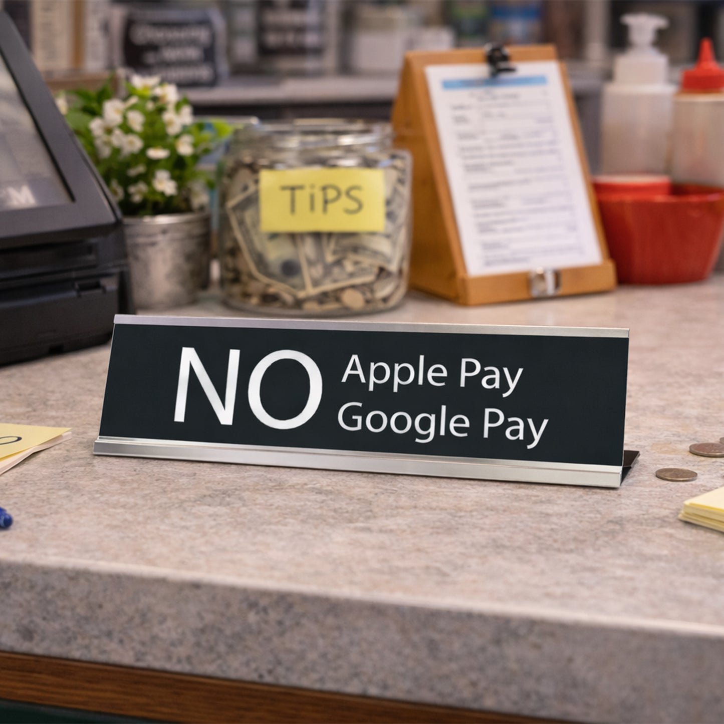 No Apple Pay, No Google Pay, Silver Frame, Desk Sign (2x8")