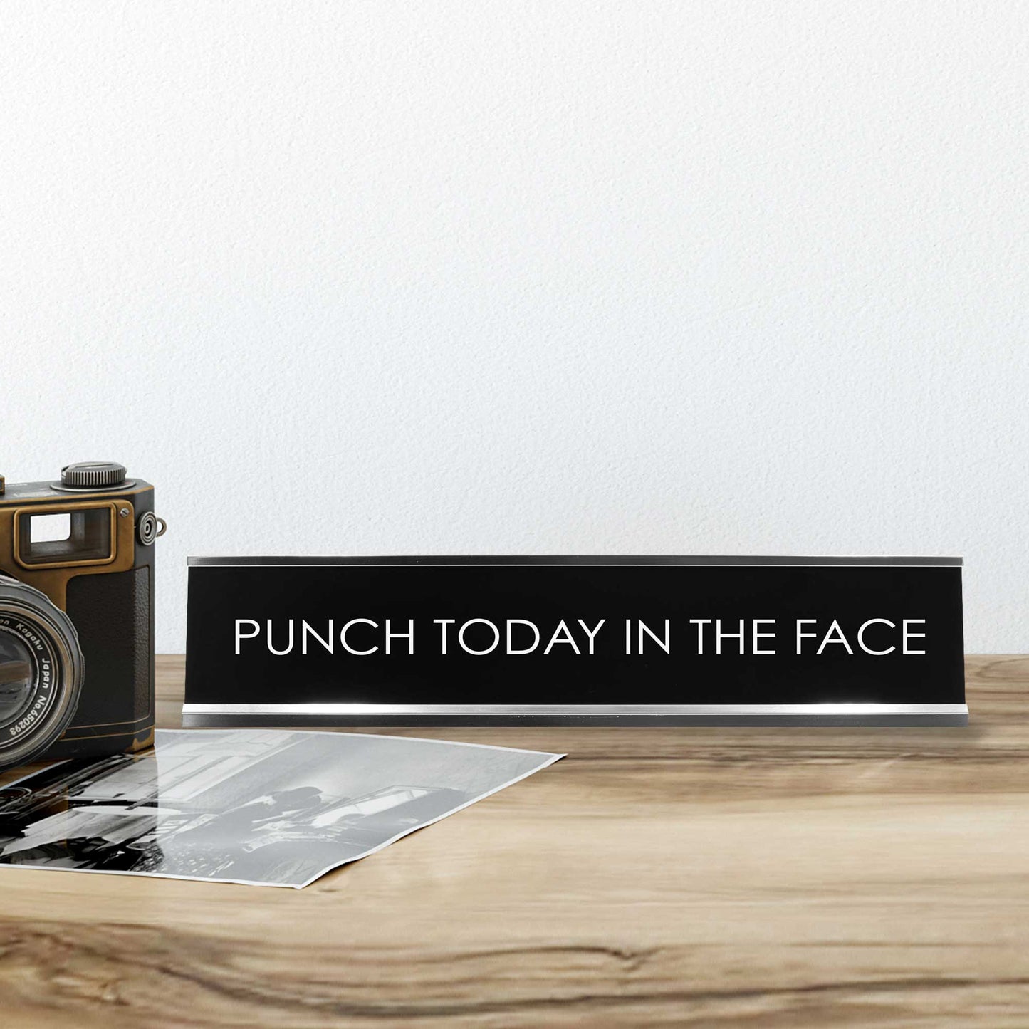 “Punch Today in the Face” Novelty Desk Sign (2" x 8") – Funny Motivational Office Desk Decor – Sarcastic Nameplate