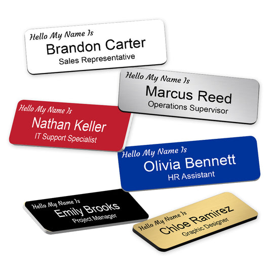 Custom Hello My Name is (Solid Colors) Badges (1 x 3") and (1.5 x 3") Rounded Corners | Personalized Name Tags with Pin or Magnet Backing