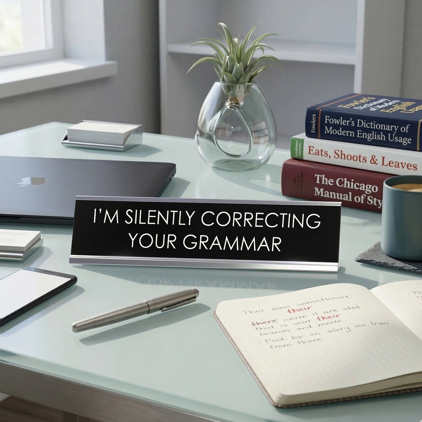 Signs ByLITA “I’M SILENTLY CORRECTING YOUR GRAMMAR” Novelty Desk Sign (2" x 8") – Funny Grammar Desk Decor – Office Humor Nameplate