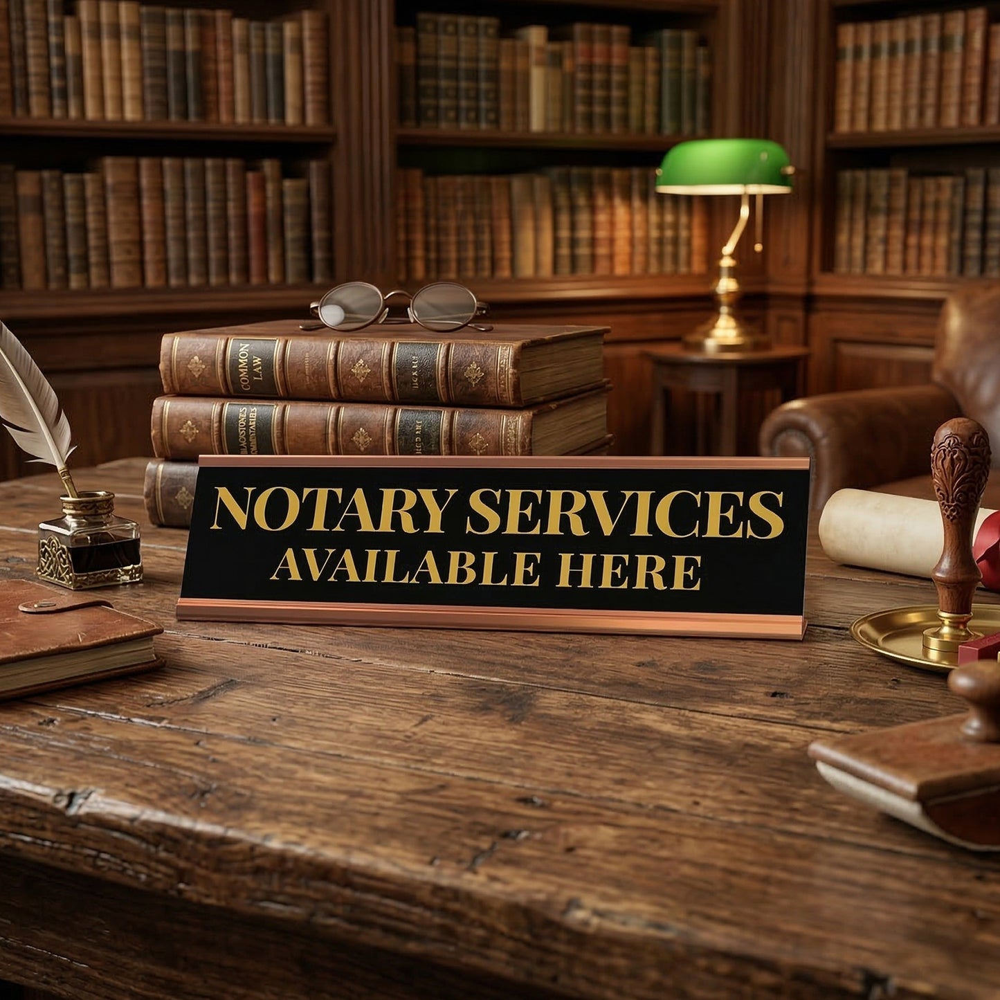 Signs ByLITA Notary Services Available Here Gold Frame Desk Sign (2x8")