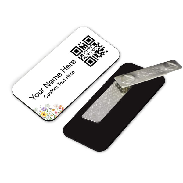 Custom Custom Name Badge QR Code Badges (1.5 x 3") Rounded Corners | Personalized Name Tags with Pin or Magnet Backing