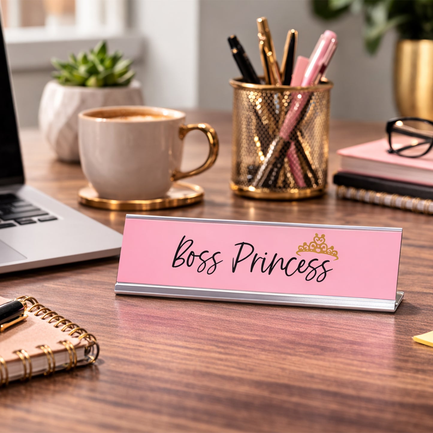 Boss Princess Desk Sign (2" x 8") – Pink Nameplate with Silver Frame – Cute Office Desk Decor Gift