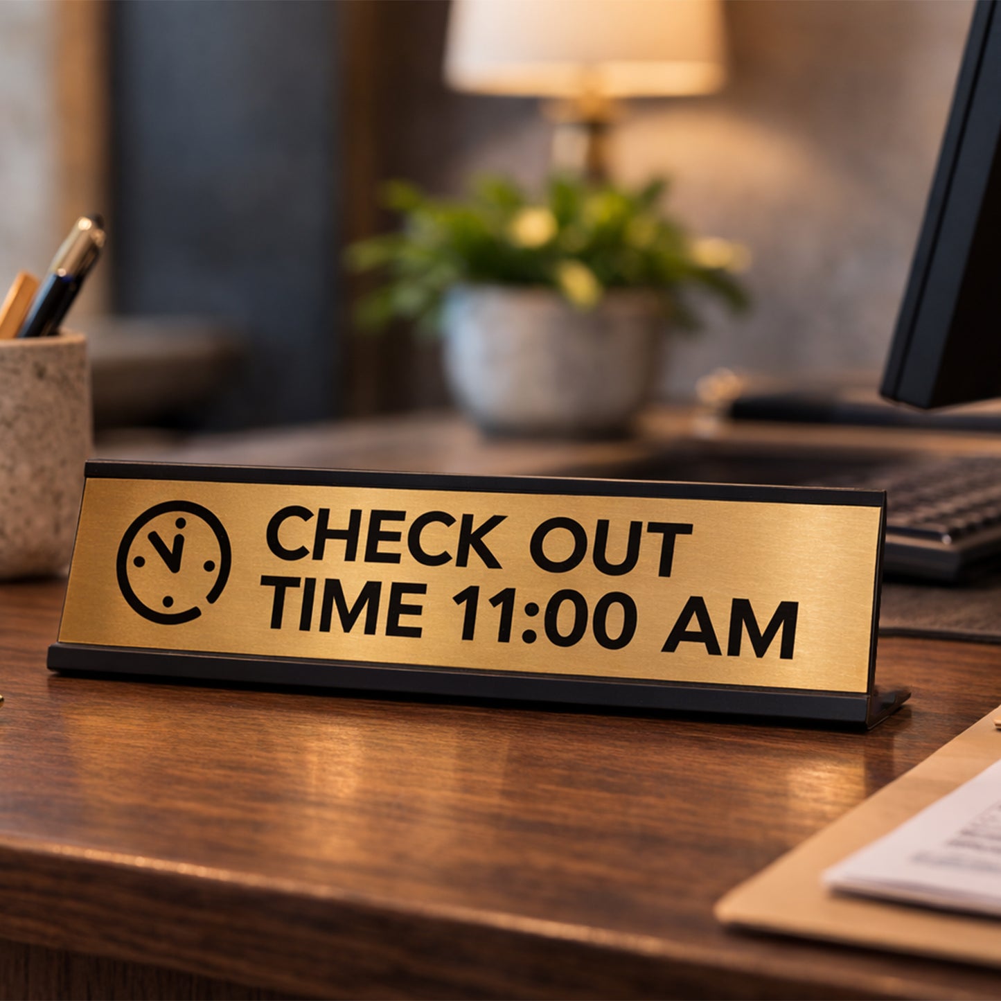 Signs ByLITA Check Out Time 11:00 am Black Frame Desk Sign (2x8")