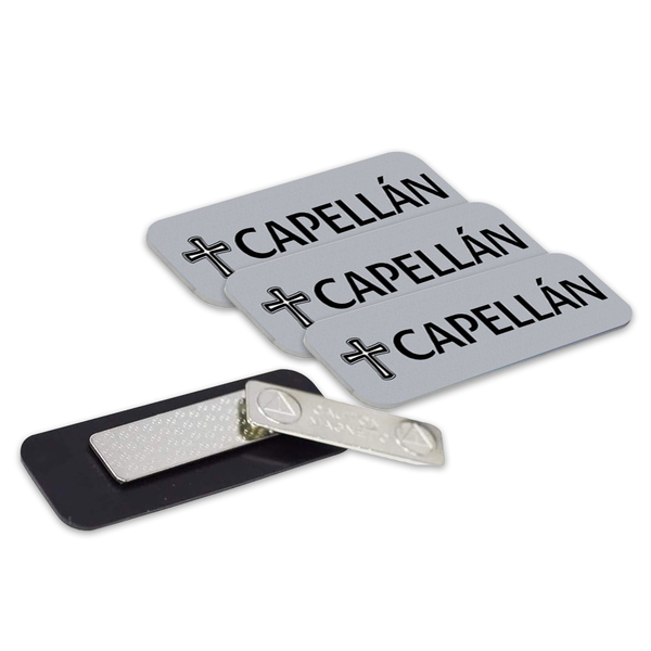 Capellán (Cross) Rounded Corners Name Tag/Badge, 1 x 3" Name Tags with Magnet Backing, Spanish Church Staff Badge Multipack