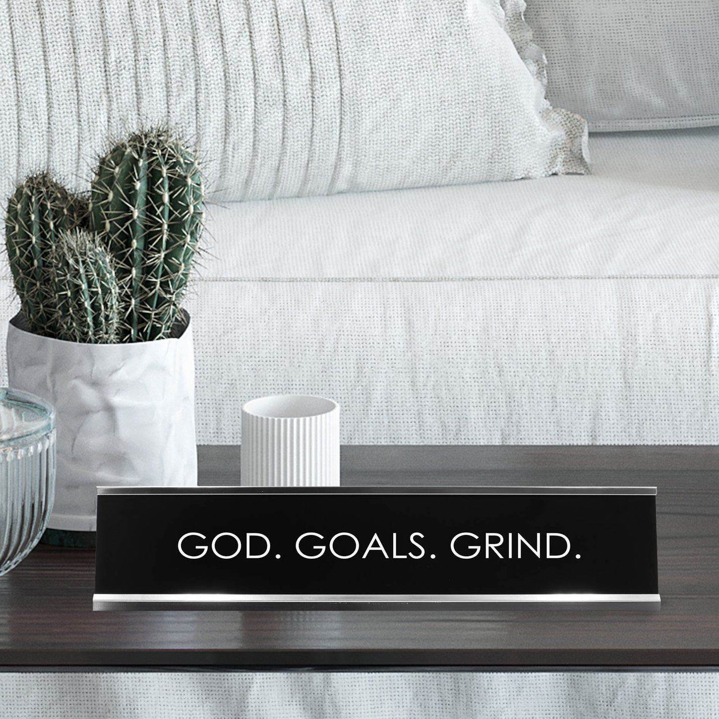 “GOD. Goals. Grind.” Novelty Desk Sign (2" x 10") – Motivational Office Desk Decor – Inspirational Nameplate