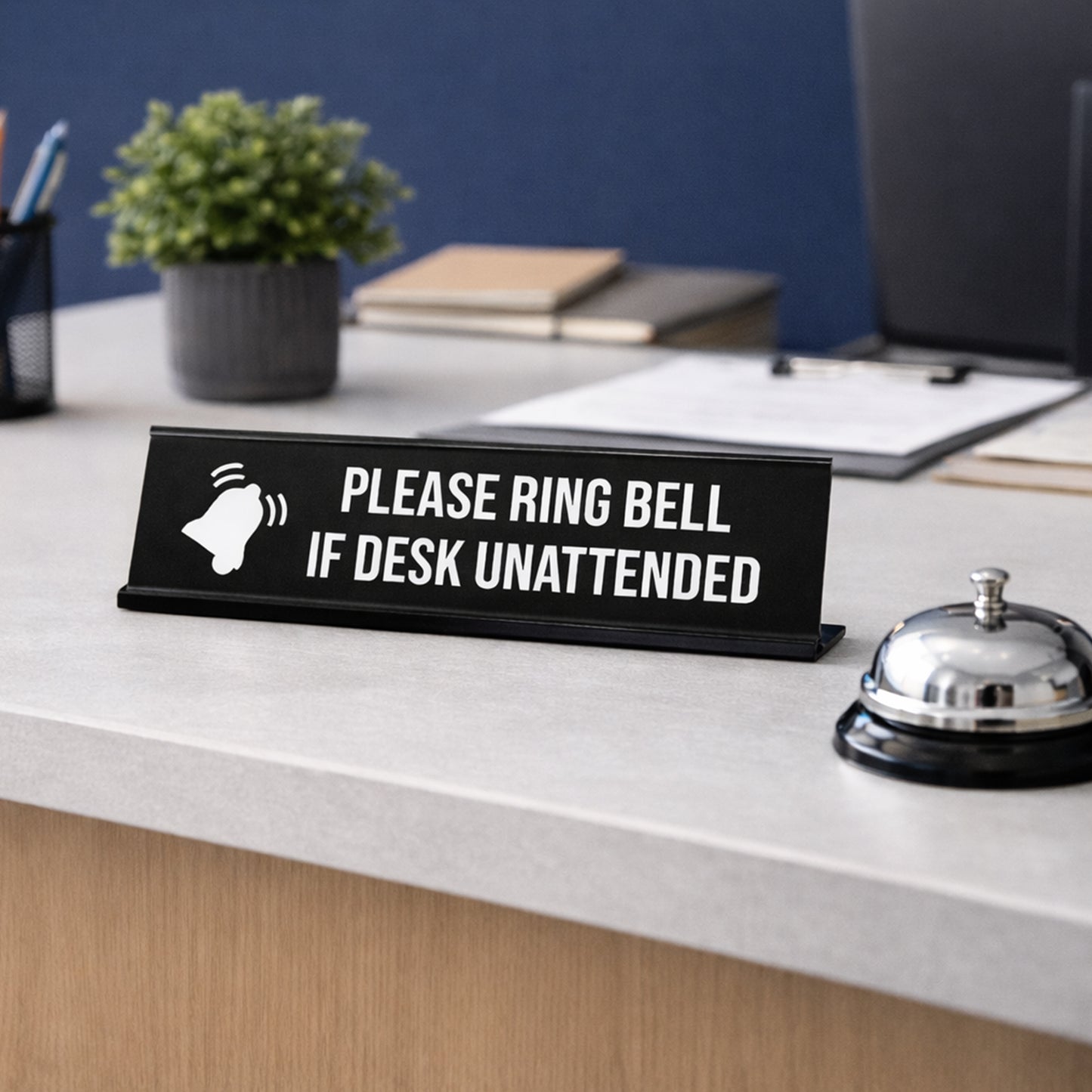 Please Ring Bell If Desk Unattended, BW Black Frame, Desk Sign (2x8")