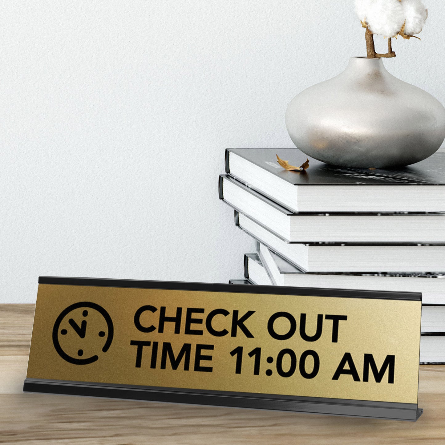 Signs ByLITA Check Out Time 11:00 am Black Frame Desk Sign (2x8")