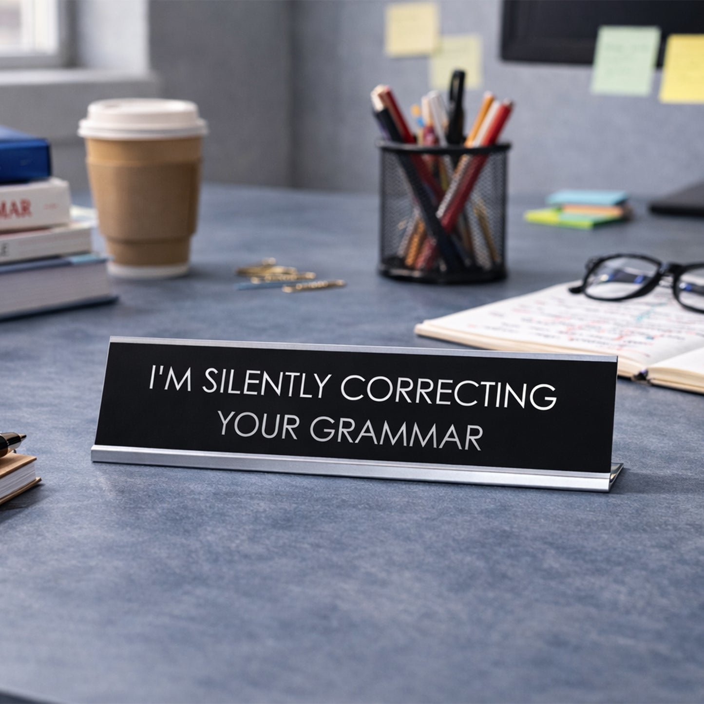 Signs ByLITA “I’M SILENTLY CORRECTING YOUR GRAMMAR” Novelty Desk Sign (2" x 8") – Funny Grammar Desk Decor – Office Humor Nameplate