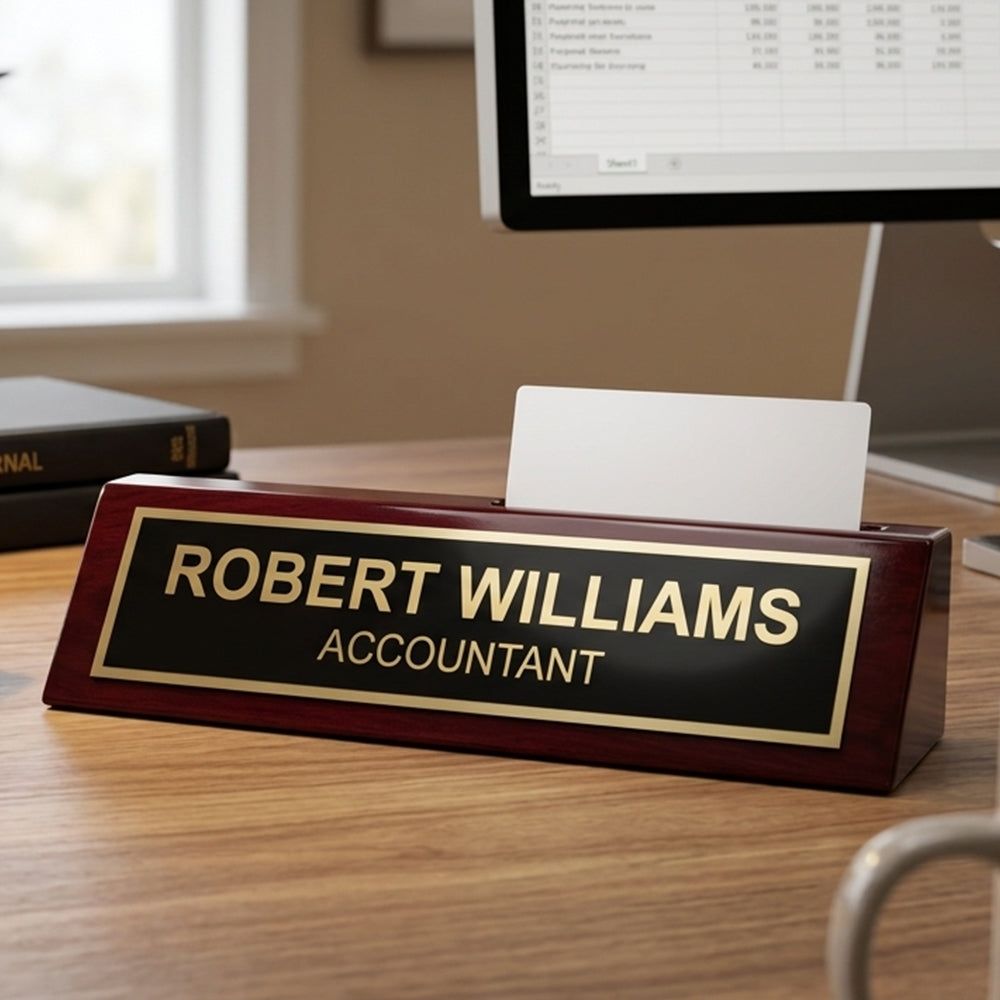 Piano FInished Rosewood Desk Name Plate with Card Holder
