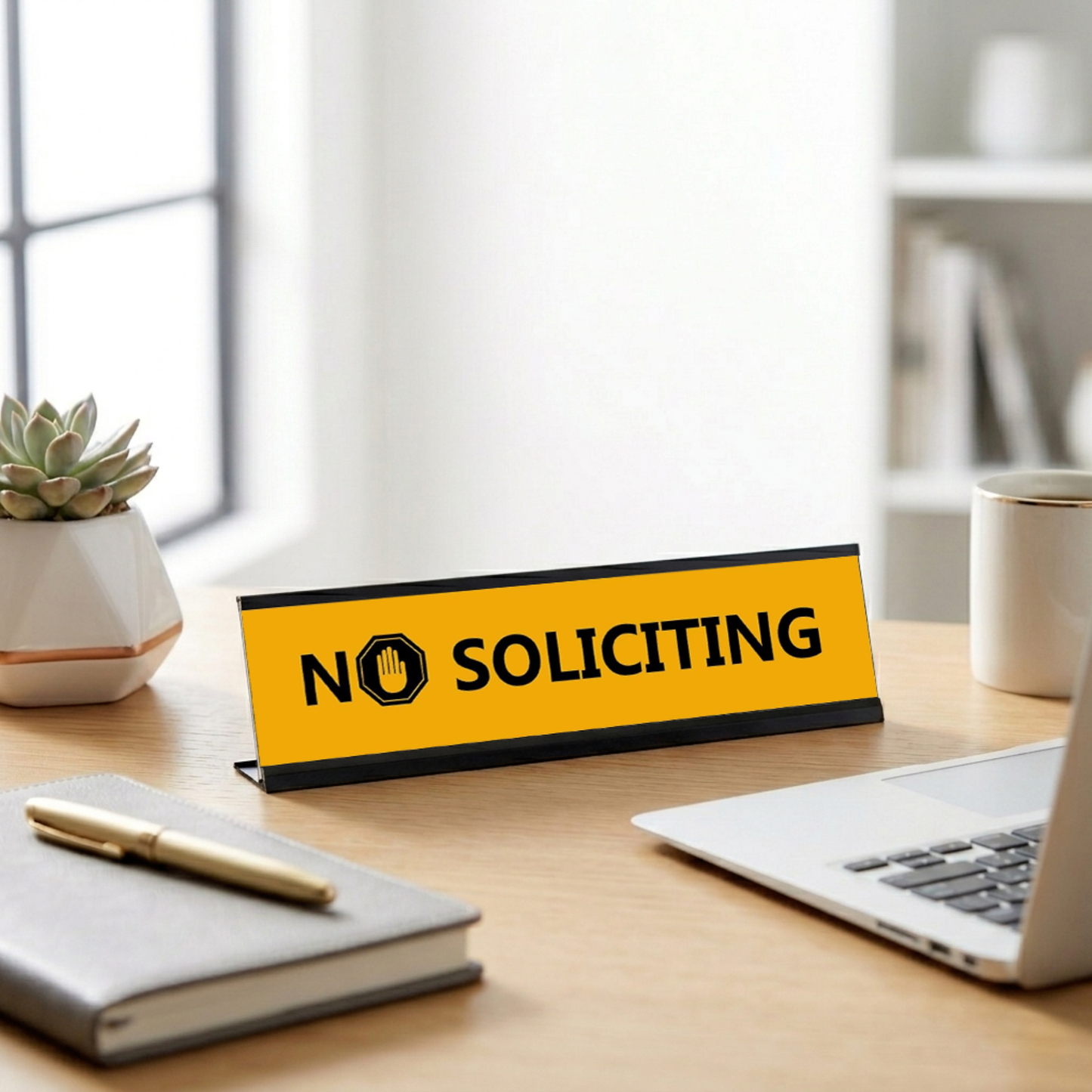 No Soliciting, Black Frame Desk Sign (2x8")