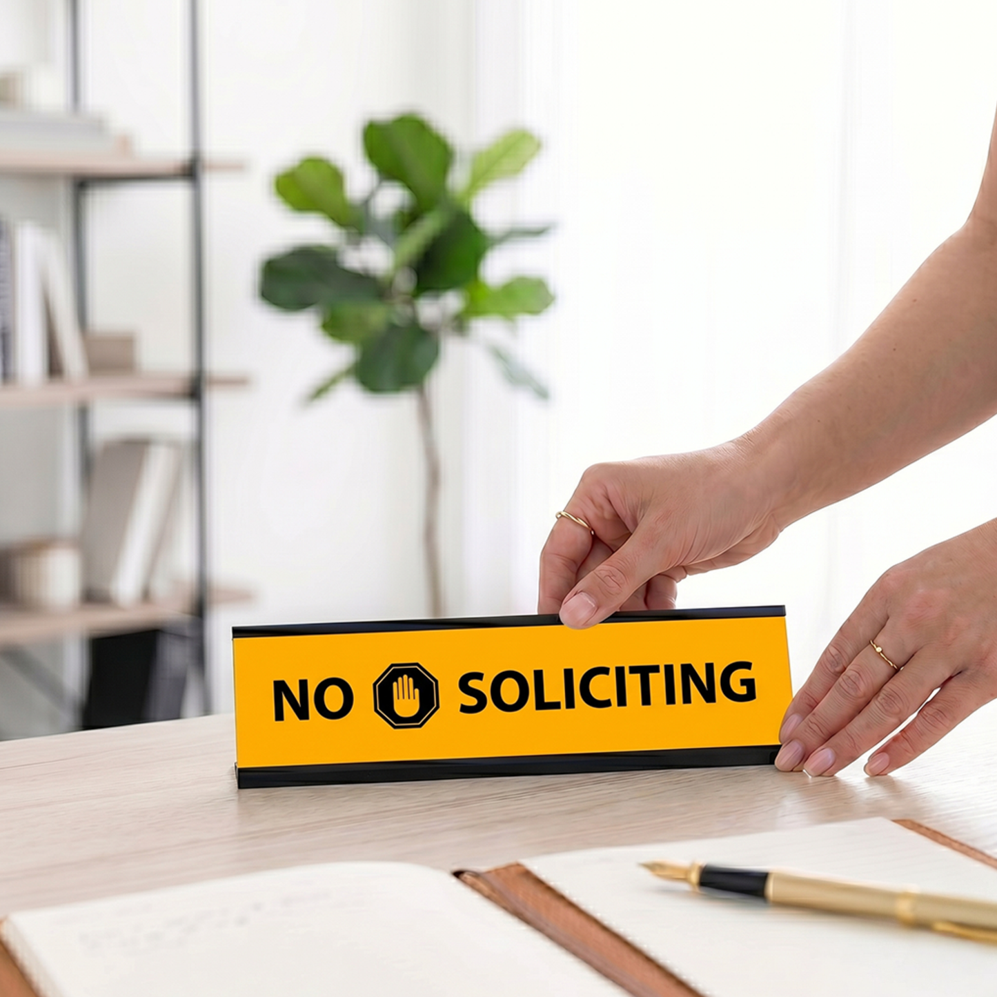 No Soliciting, Black Frame Desk Sign (2x8")