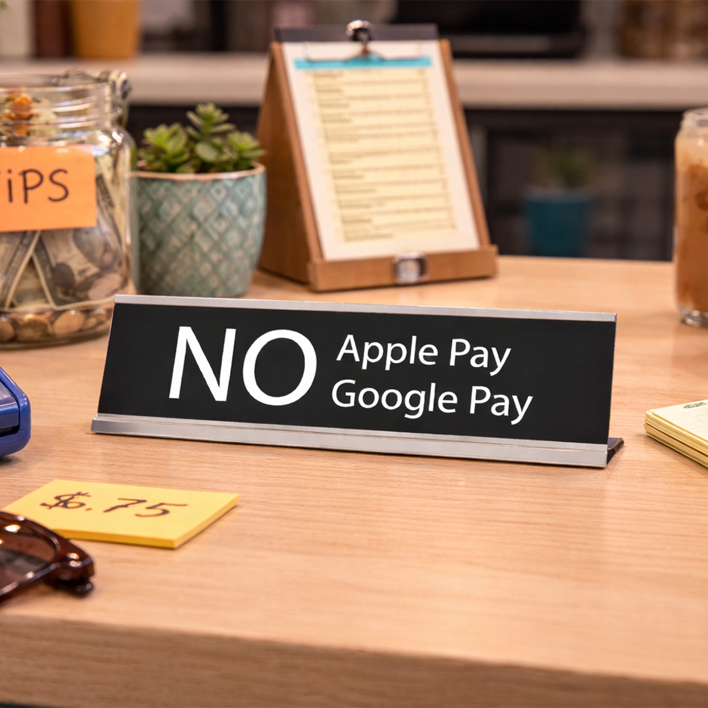 No Apple Pay, No Google Pay, Silver Frame, Desk Sign (2x8")