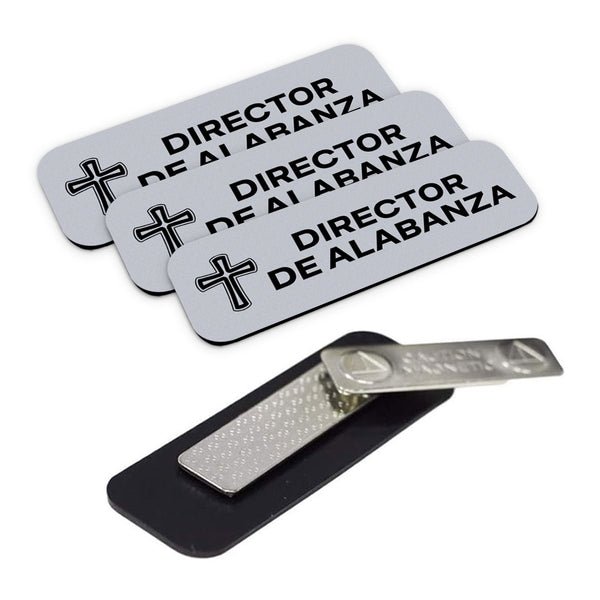 Director de Alabanza (Cross) Rounded Corners Name Tag/Badge, 1 x 3" Name Tags with Magnet Backing, Spanish Church Staff Badge Multipack