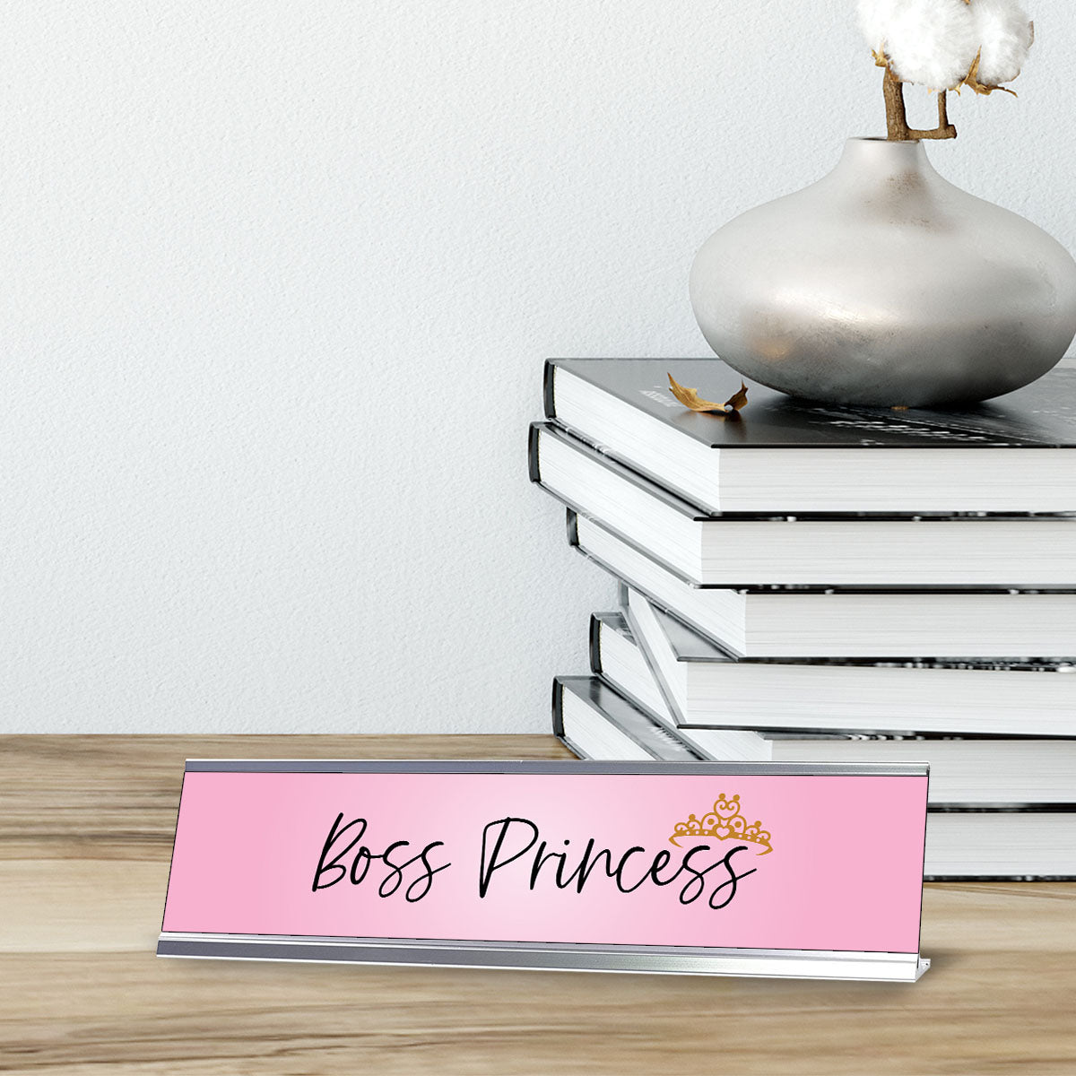 Boss Princess Desk Sign (2" x 8") – Pink Nameplate with Silver Frame – Cute Office Desk Decor Gift