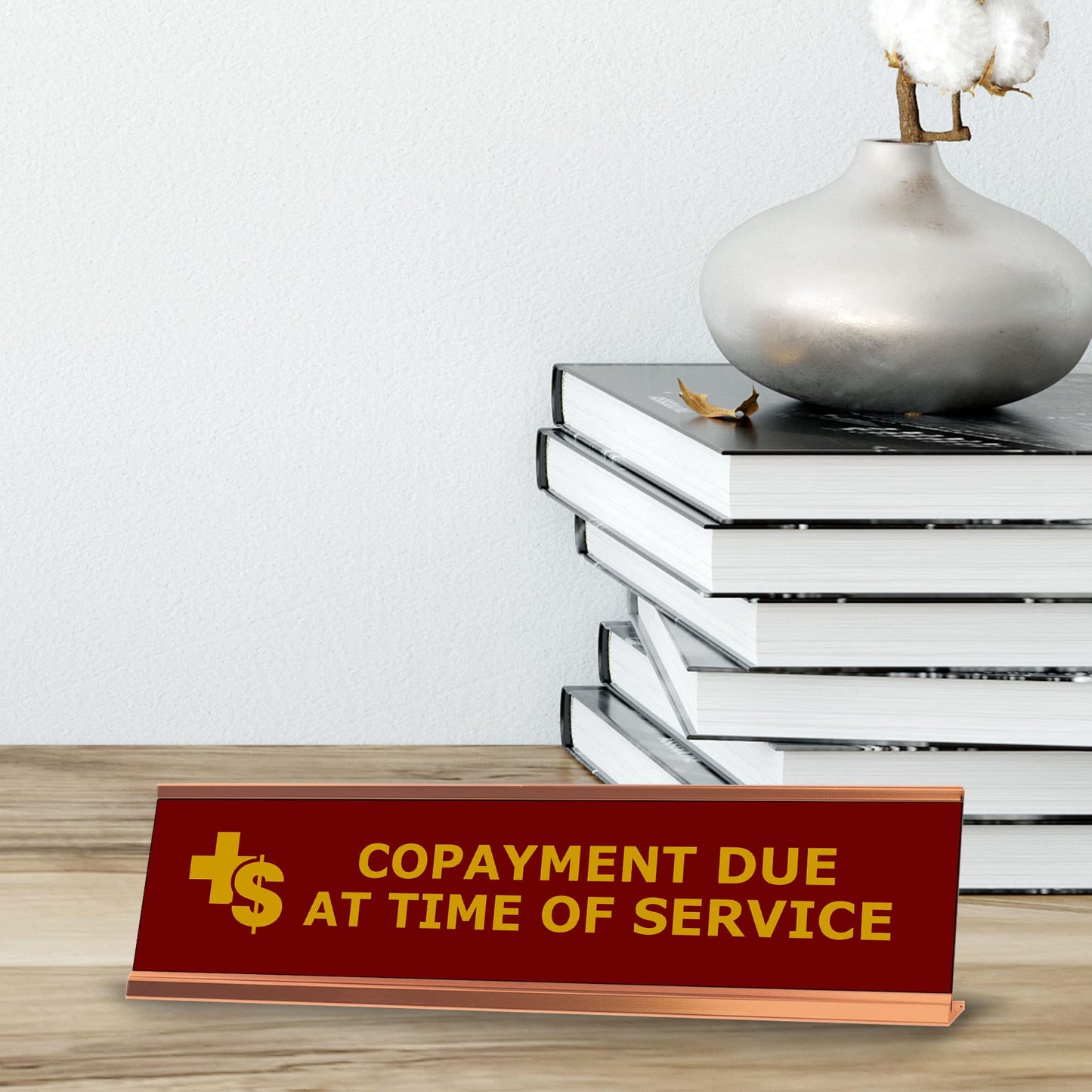 Copayment Due At Time of Service, Redwine Gold Frame, Desk Sign (2x8")