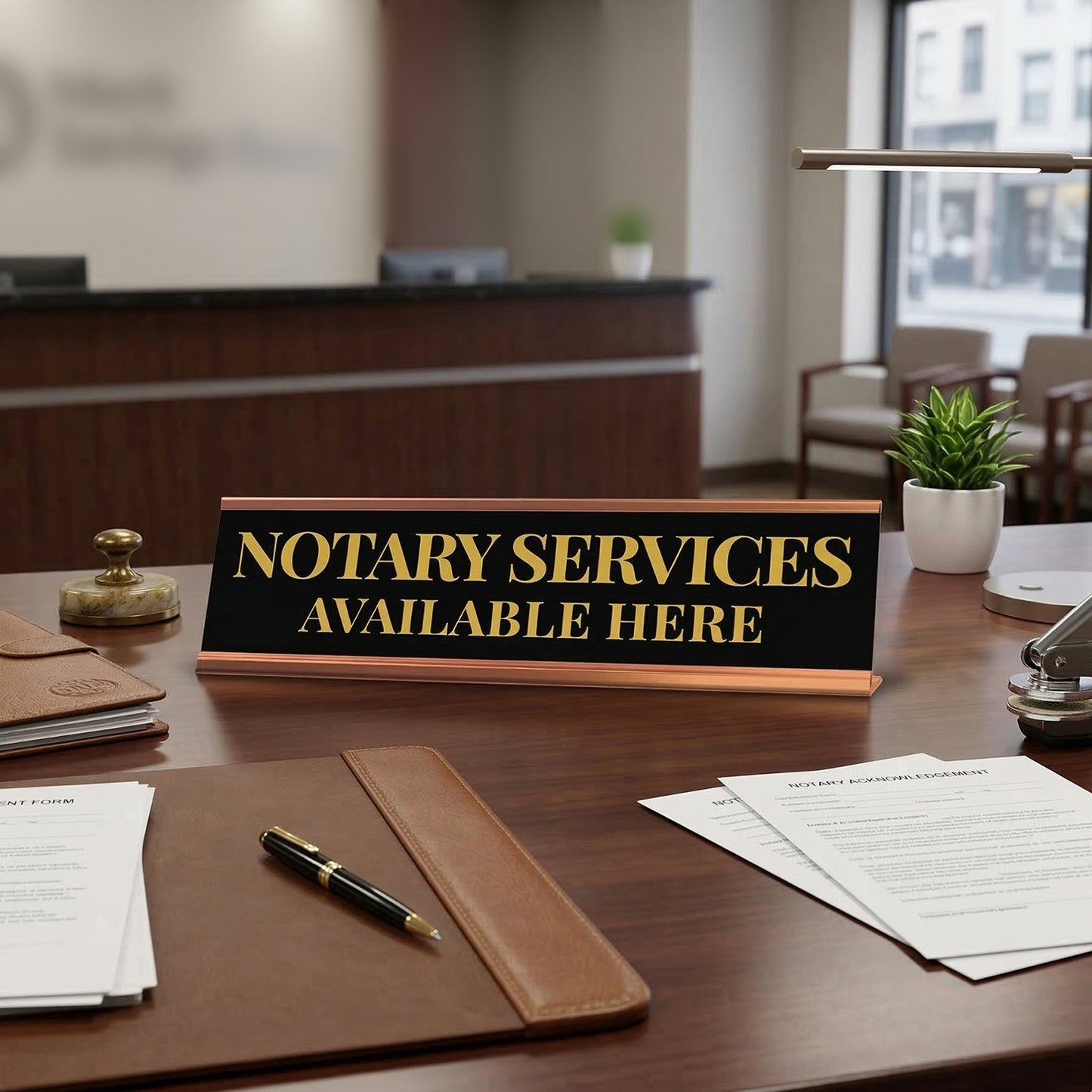 Signs ByLITA Notary Services Available Here Gold Frame Desk Sign (2x8")