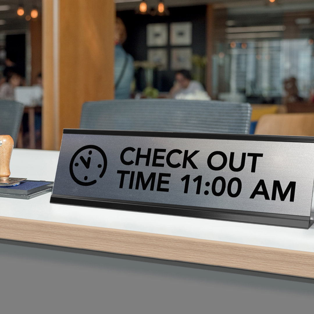 Signs ByLITA Check Out Time 11:00 am Black Frame Desk Sign (2x8")