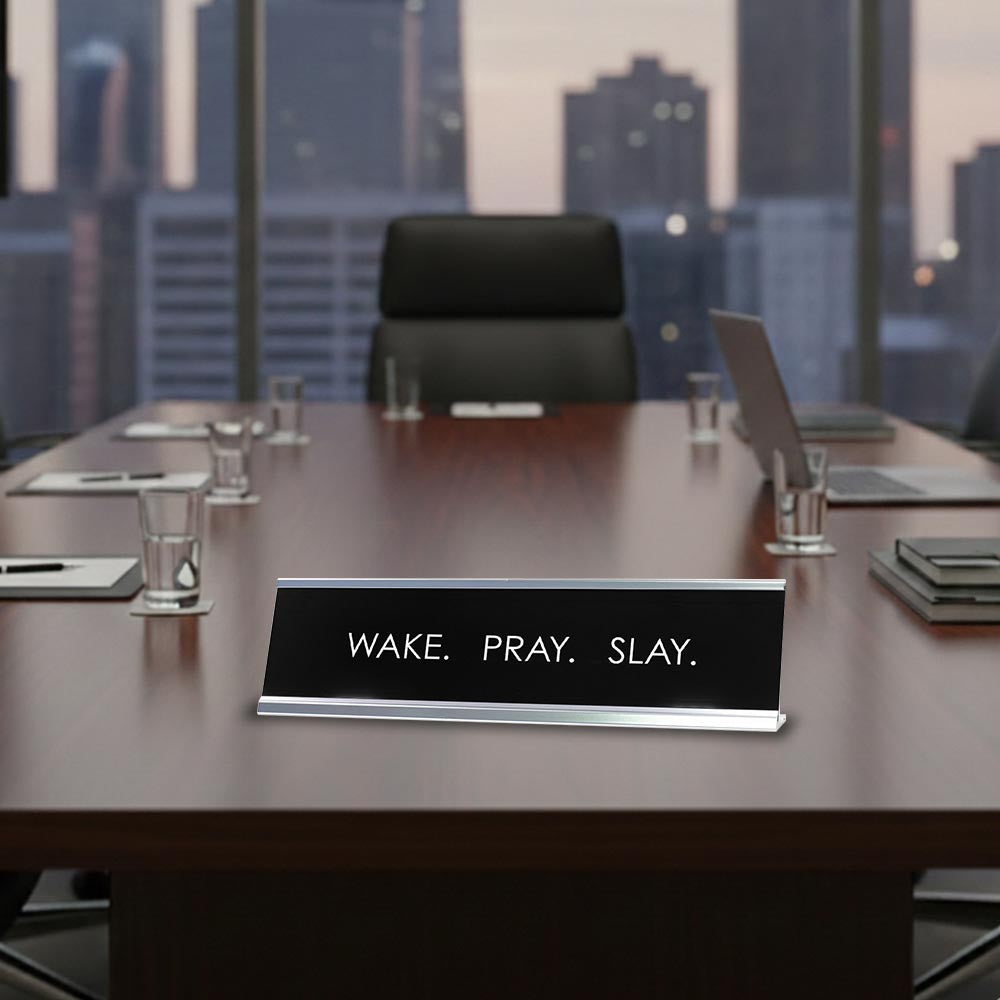 Signs ByLITA “WAKE. PRAY. SLAY.” Novelty Desk Sign (2" x 10") – Inspirational Christian Office Desk Decor – Motivational Nameplate