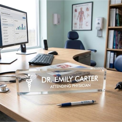 Doctor Themed Caduceus, Personalized Acrylic Desk Sign for Doctor and Medical Professionals (2 x 10")