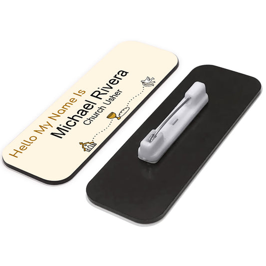 Custom Hello My Name is (Church Religious Designs) Badges (1 x 3") and (1.5 x 3") Rounded Corners | Personalized Name Tags with Pin or Magnet Backing