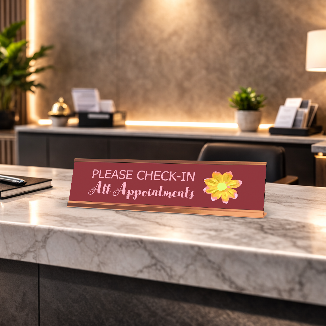 Please Check-In All Appointments, Flower Gold Frame Desk Sign (2 x 8")