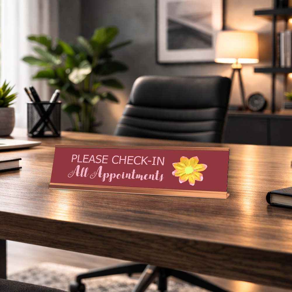 Please Check-In All Appointments, Flower Gold Frame Desk Sign (2 x 8")