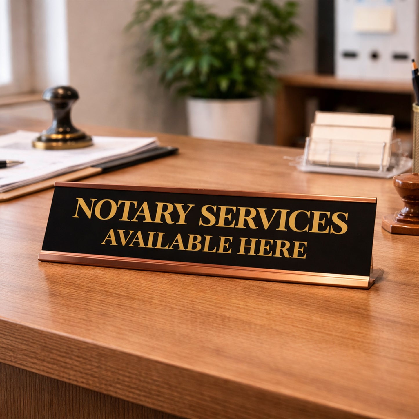 Signs ByLITA Notary Services Available Here Gold Frame Desk Sign (2x8")