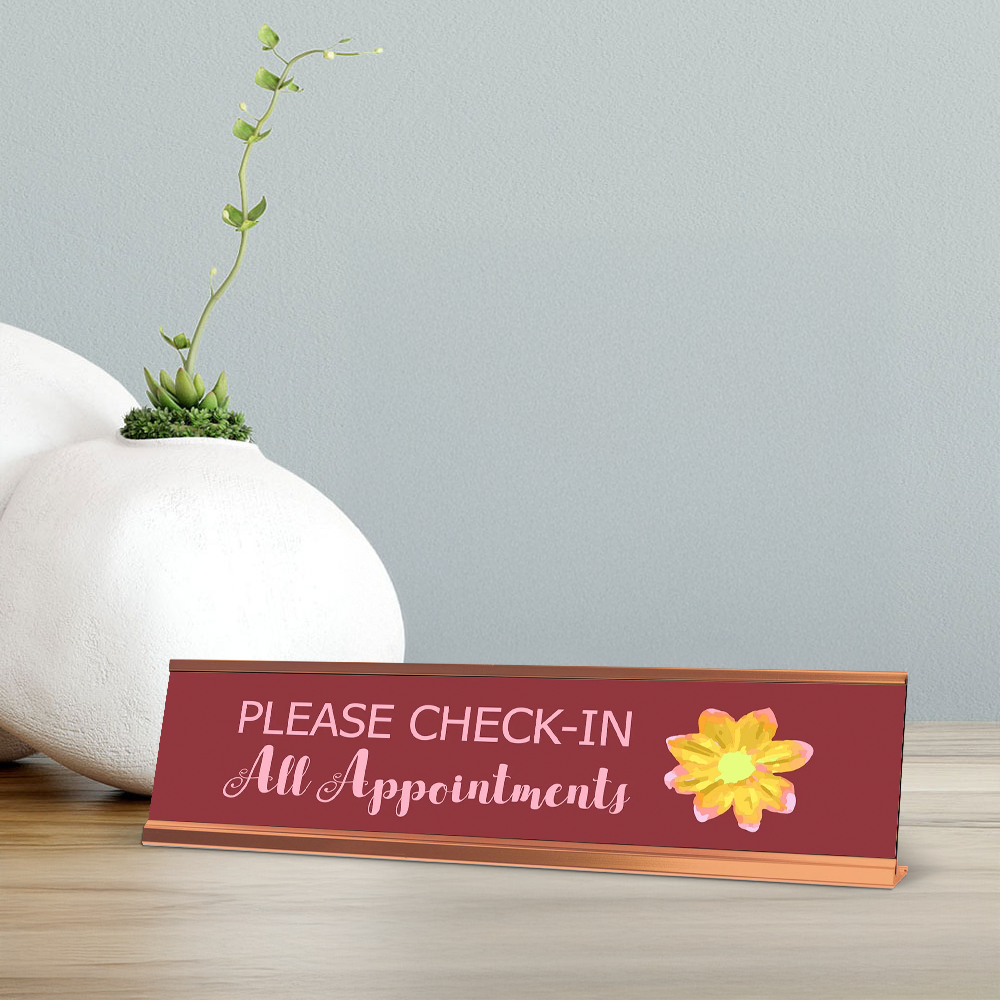 Please Check-In All Appointments, Flower Gold Frame Desk Sign (2 x 8")