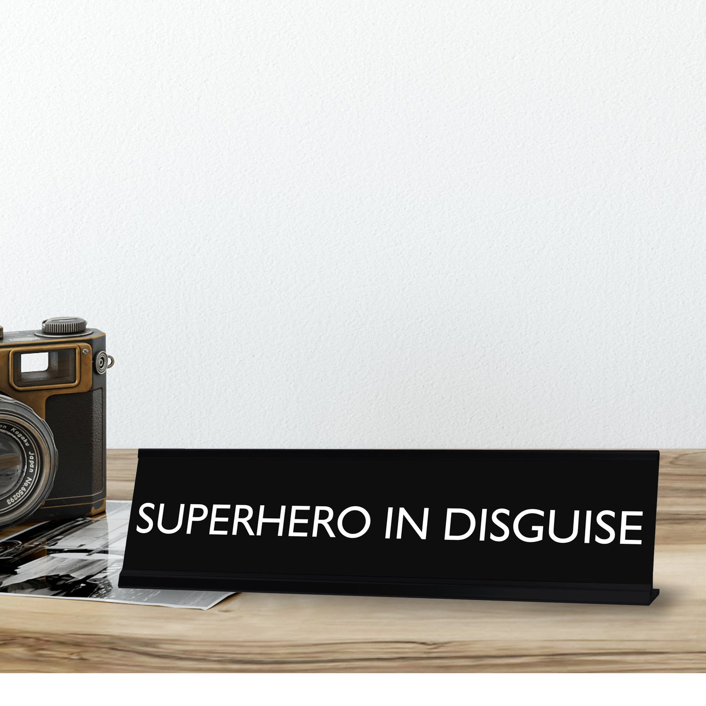 “SUPERHERO IN DISGUISE” Novelty Desk Sign (2" x 8") – Funny Office Desk Decor – Inspirational Nameplate