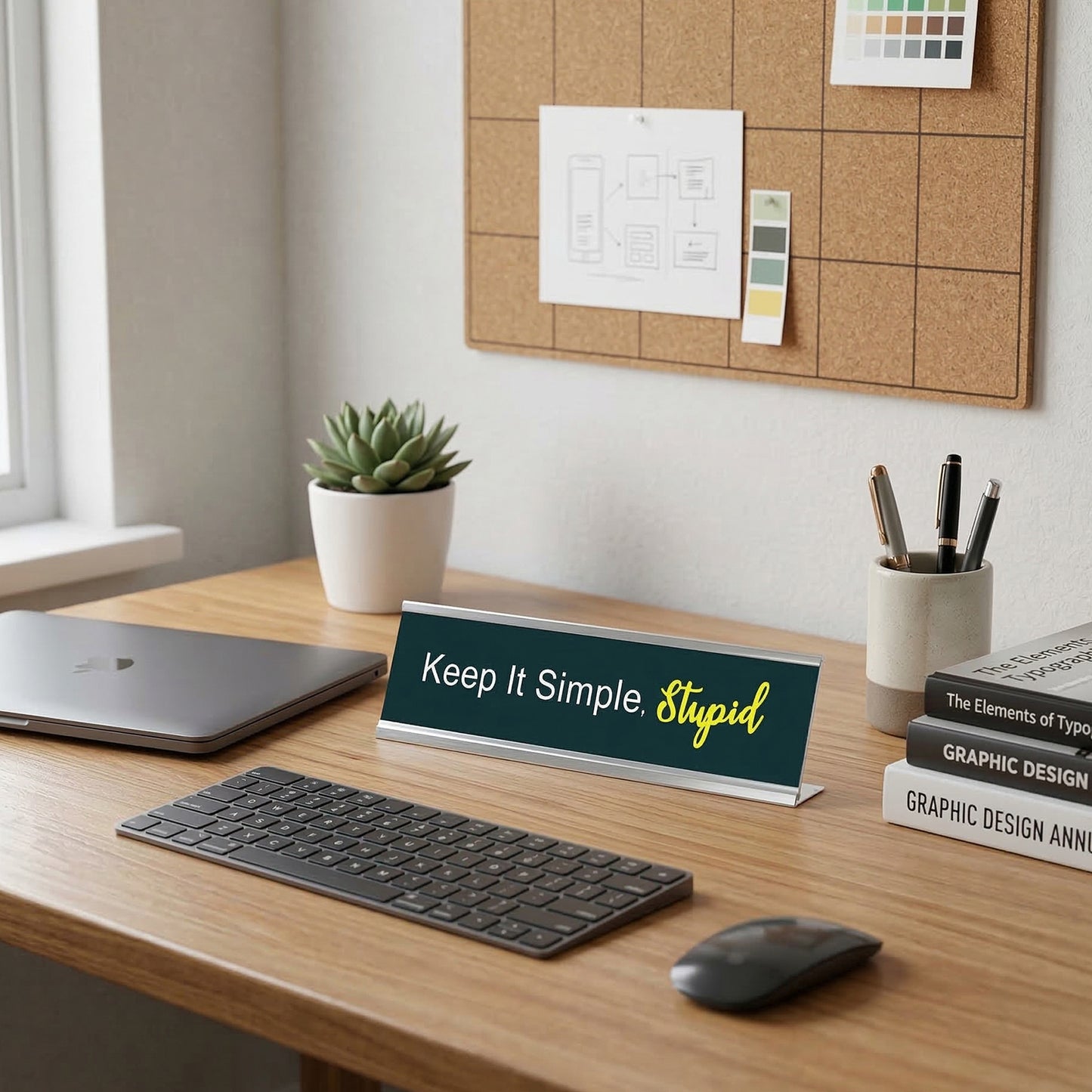 Keep it Simple, Stupid, Green Silver Frame, Desk Sign (2x8“)