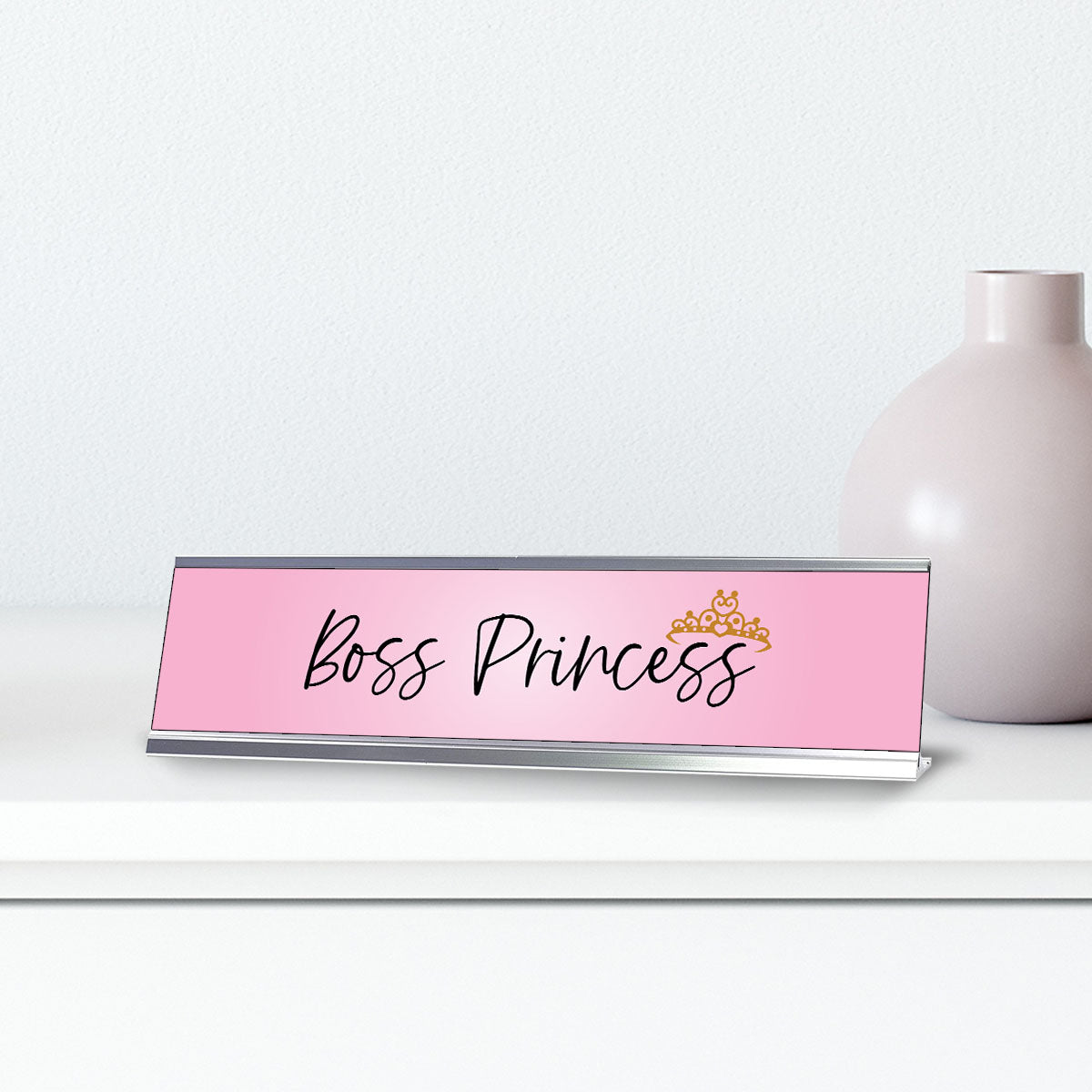 Boss Princess Desk Sign (2" x 8") – Pink Nameplate with Silver Frame – Cute Office Desk Decor Gift
