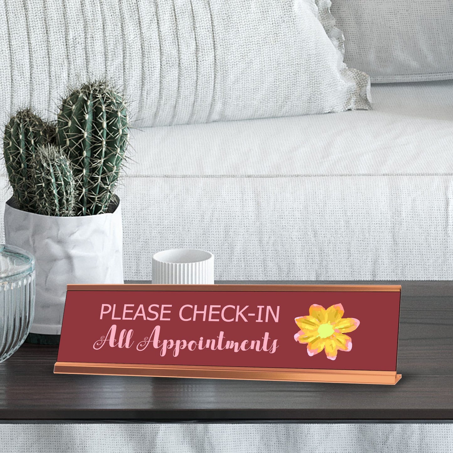 Please Check-In All Appointments, Flower Gold Frame Desk Sign (2 x 8")