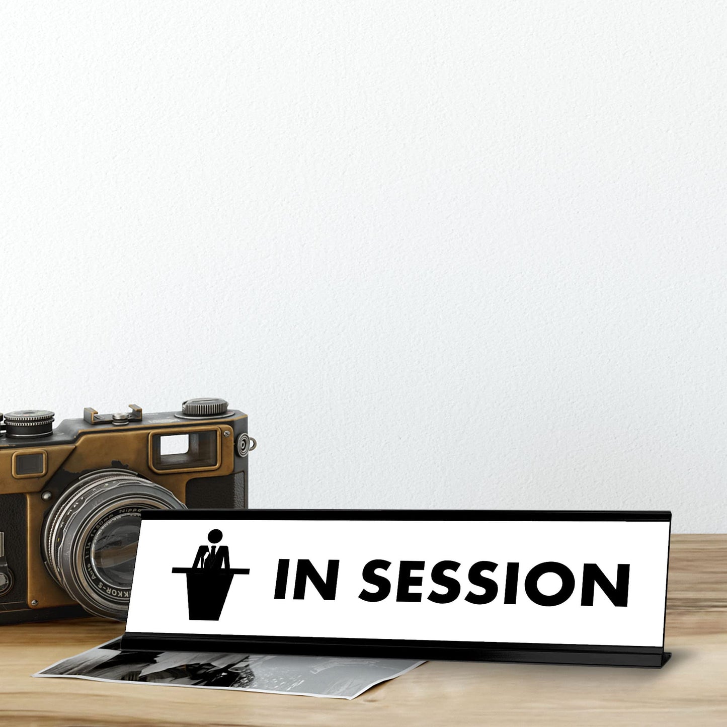 In Session BW Black Frame Desk Sign (2x8")