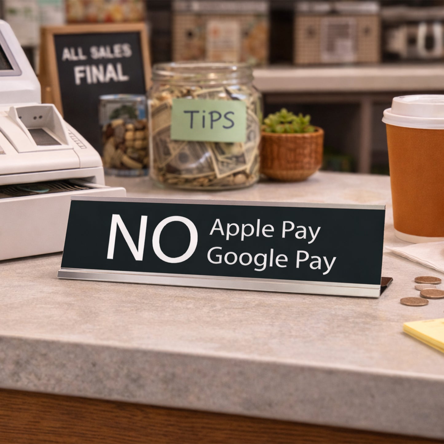 No Apple Pay, No Google Pay, Silver Frame, Desk Sign (2x8")
