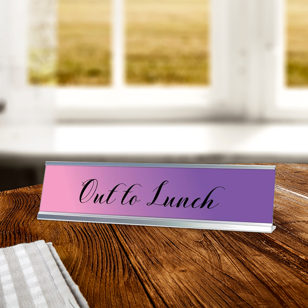 Out to Lunch, Purple Cursive Desk Sign (2 x 8")