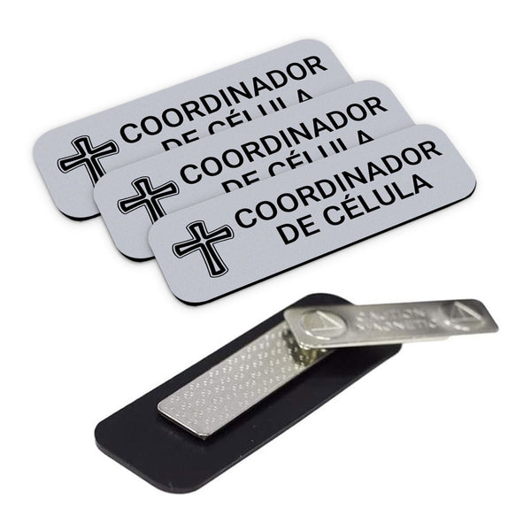 Coordinador de Célula (Cross) Rounded Corners Name Tag/Badge, 1 x 3" Name Tags with Magnet Backing, Spanish Church Staff Badge Multipack