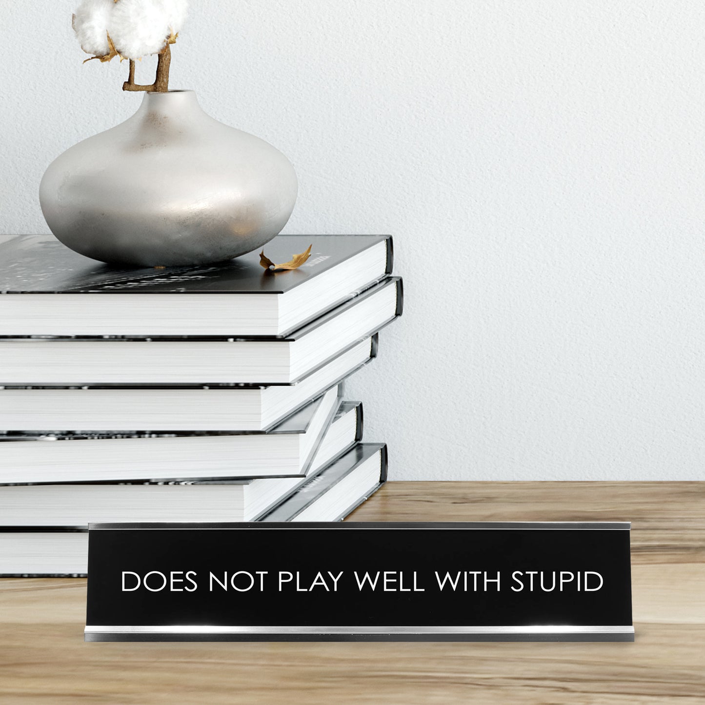 “Does NOT Play Well with Stupid” Novelty Desk Sign (2" x 10") – Funny Office Desk Decor – Sarcastic Nameplate