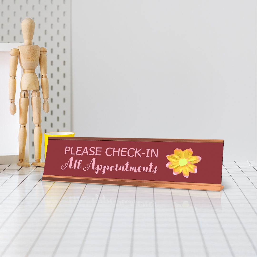 Please Check-In All Appointments, Flower Gold Frame Desk Sign (2 x 8")