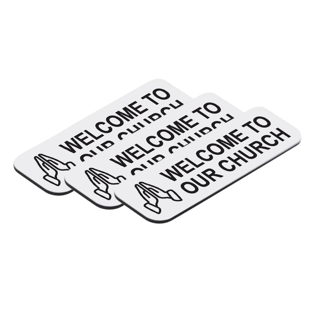 Welcome To Our Church 1 x 3" Name Tag/Badge, Praying Hands Design (3 Pack)