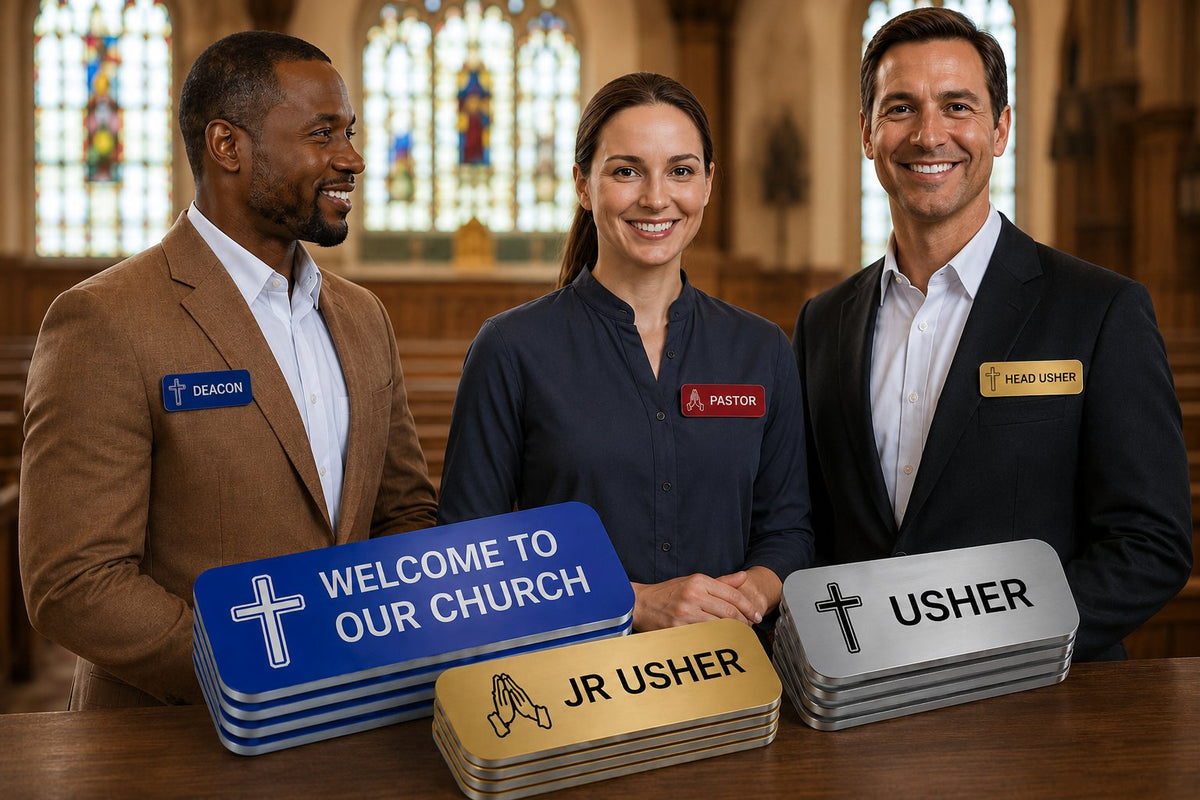 Church greeters wearing name badges