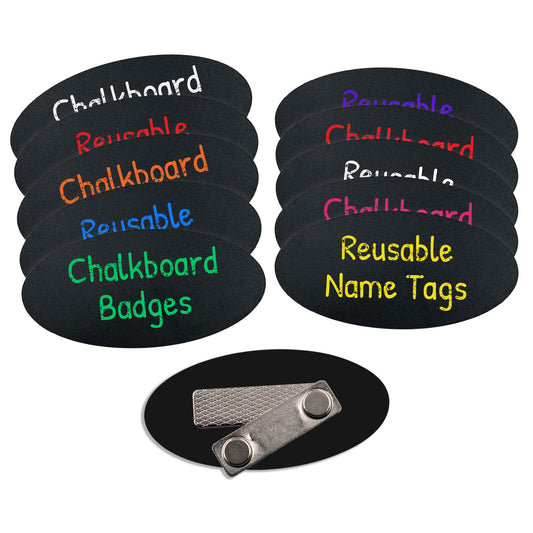 Reusable Oval Chalkboard Name Badges with Pin & Magnet Backing (1.5 x 3"), Decorative Blackboard Name Tags for Events, Parties, Classrooms & Business Use (Multipack)
