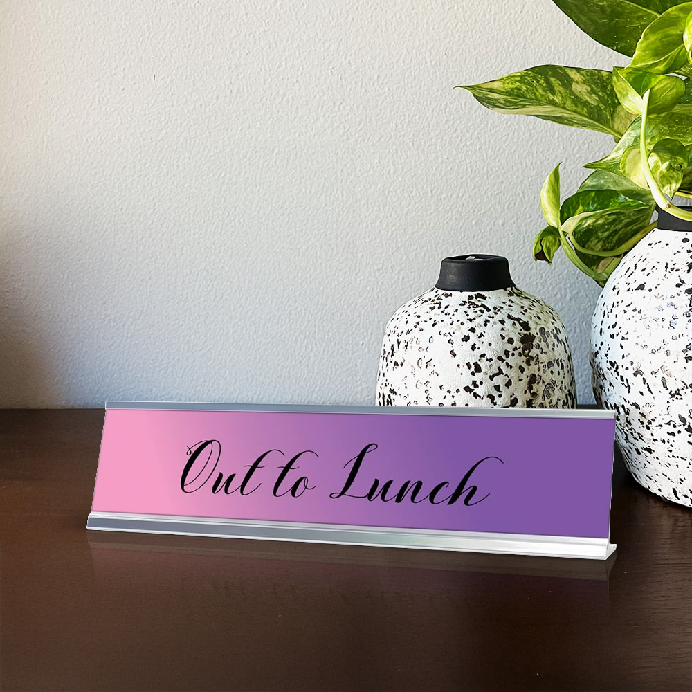 Out to Lunch, Purple Cursive Desk Sign (2 x 8")