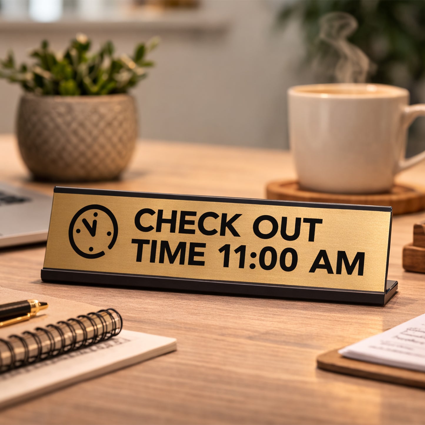 Signs ByLITA Check Out Time 11:00 am Black Frame Desk Sign (2x8")