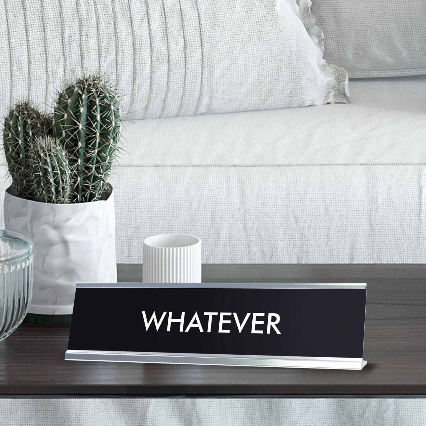 “WHATEVER” Novelty Desk Sign (2" x 8") – Black Nameplate with Silver Frame – Funny Office Desk Decor