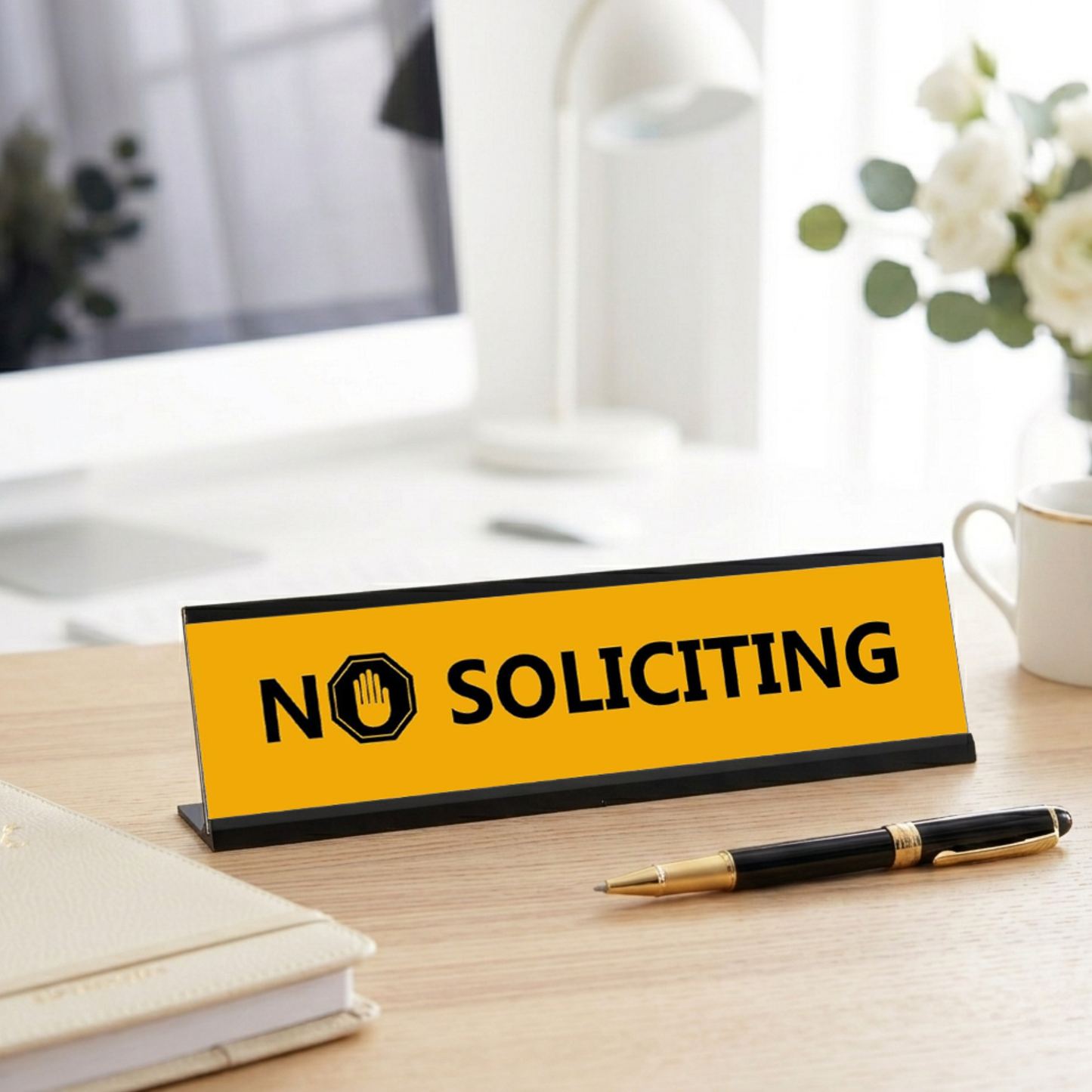 No Soliciting, Black Frame Desk Sign (2x8")